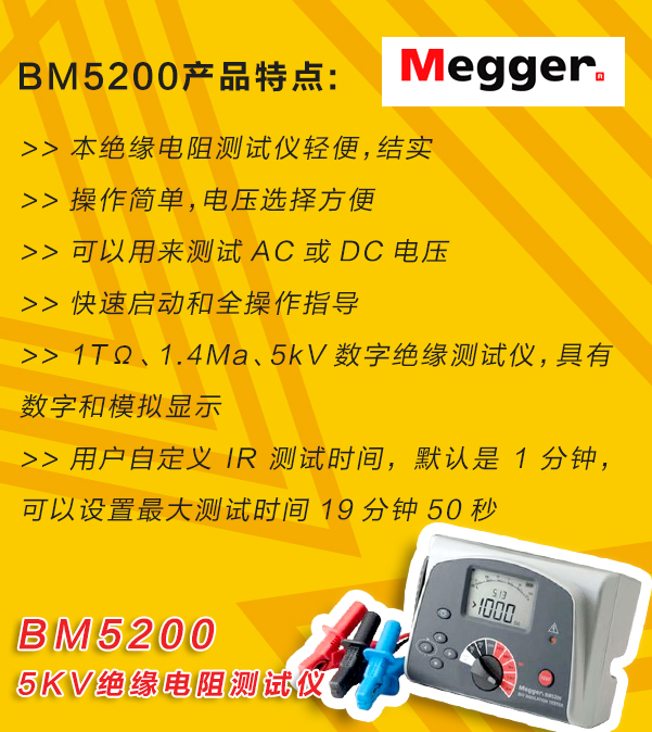 MEGGER,<a href='http://m.coblite.com.cn/tongyi.html'>絕緣電阻</a>測試儀,BM5200